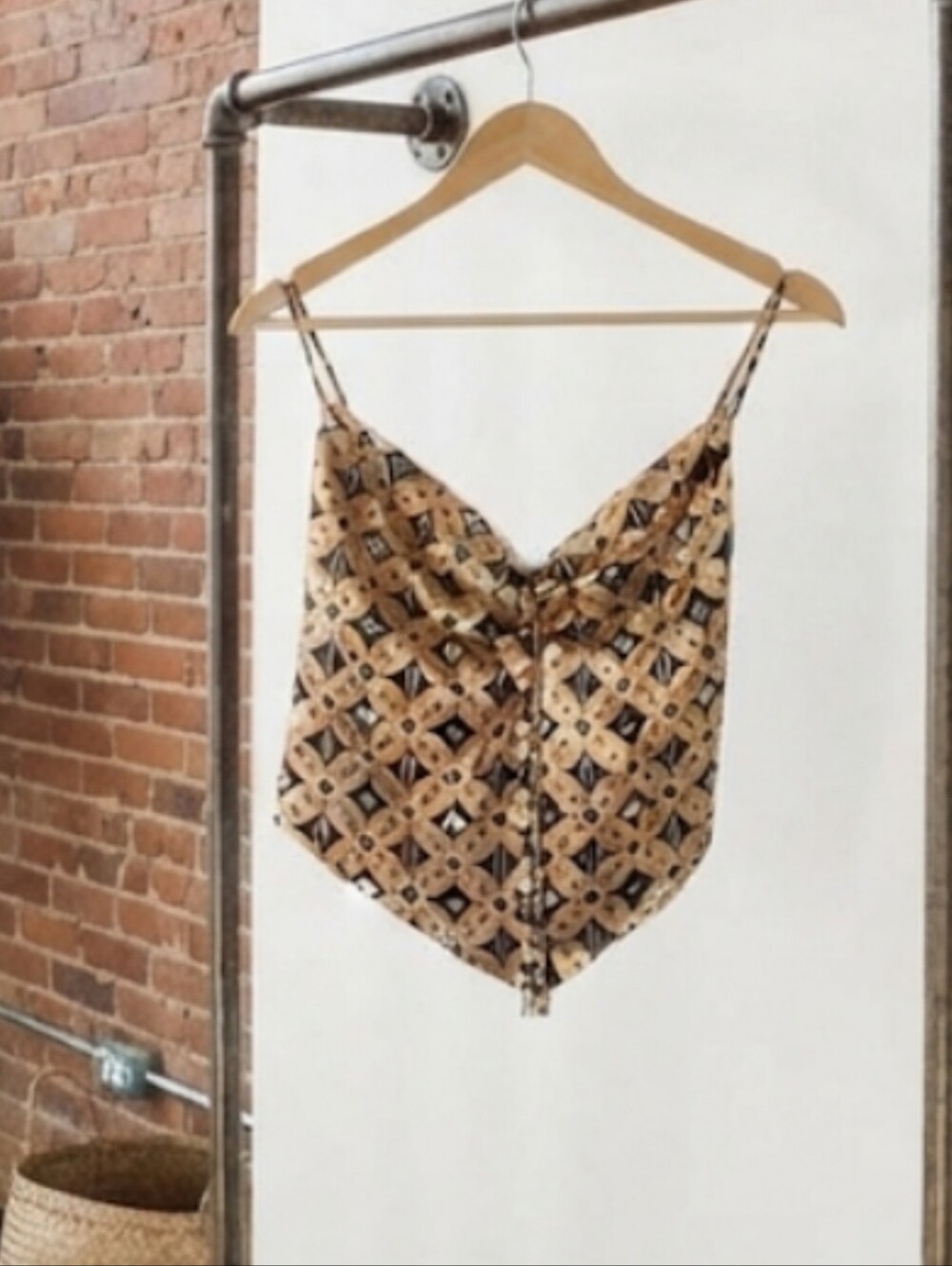 Lily White Beige & Black Patterned Tie-Front Cami